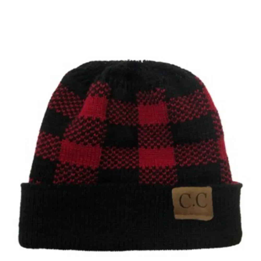 C.C Red and Black Buffalo Plaid Ponytail Hole Beanie NEW
